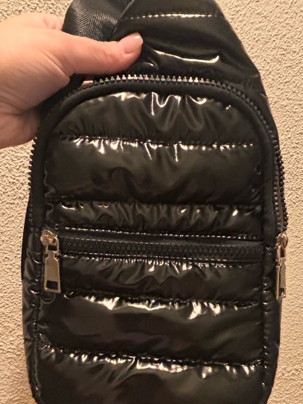 Ahdorned Black Glossy Quilted Sling Bag